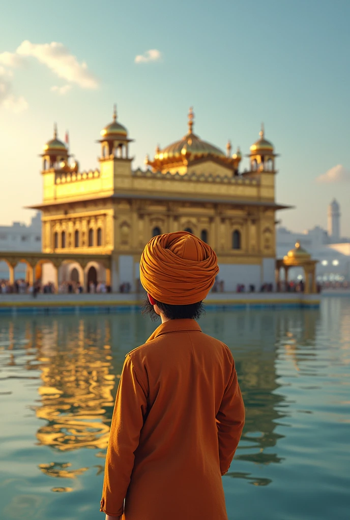 Make a image of a sardar boy doing prayer in front of golden temple make image vertical