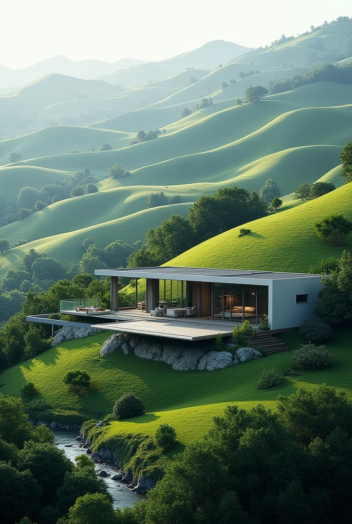 Show me a beautiful scenery of high hills now add a Morden mansion
