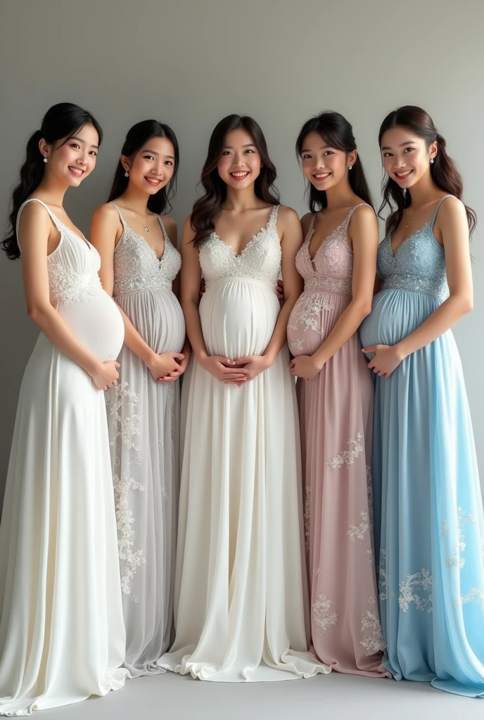 Five beautiful brides. The first bride wears a white Thai wedding dress. The second bride wears a white Laotian lace wedding dress. The third bride wears a gray Japanese cloud-patterned wedding dress. The fourth bride wears a pink South Korean swan-patterned wedding dress. The fifth bride wears a blue Taiwanese sea-patterned wedding dress. All of the brides are pregnant, standing and posing for photos, smiling beautifully.