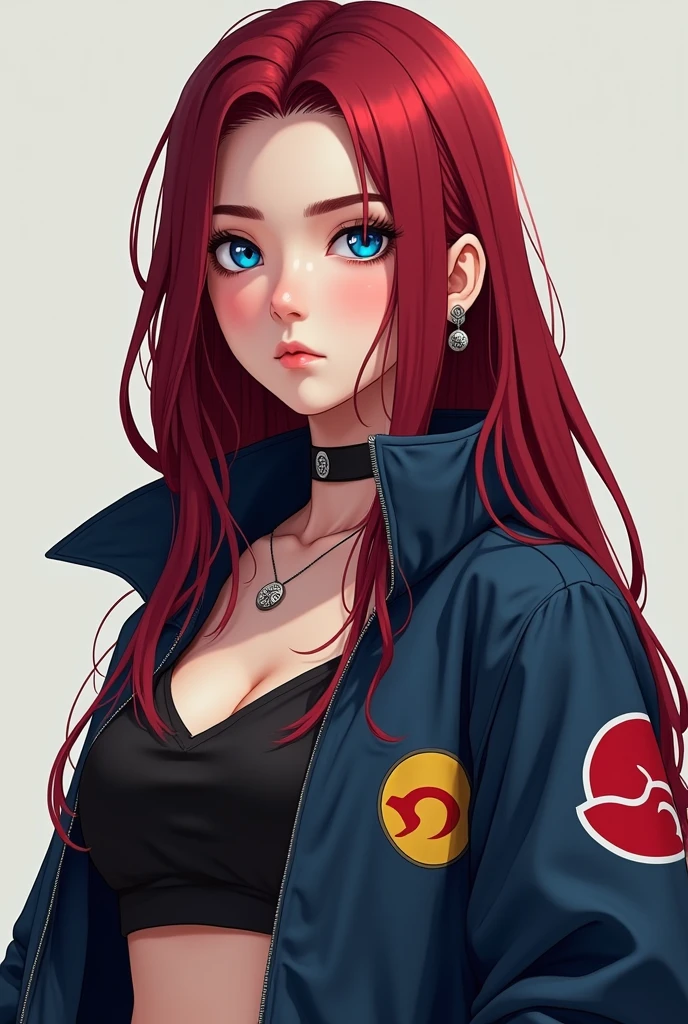 A very beautiful female character in 2D cyberpunk style., a woman 2, White skin, eyes in blue color, shy eyebrows. Her hair is long dark red., He wears an open dark blue jacket with random Uzumaki clan symbols on it.., yellow. She wears a high-necked blouse tucked into her jacket. A pair of small earrings from the Uzumaki clan.. and has a small little Konoha tattoo on his right side neck.