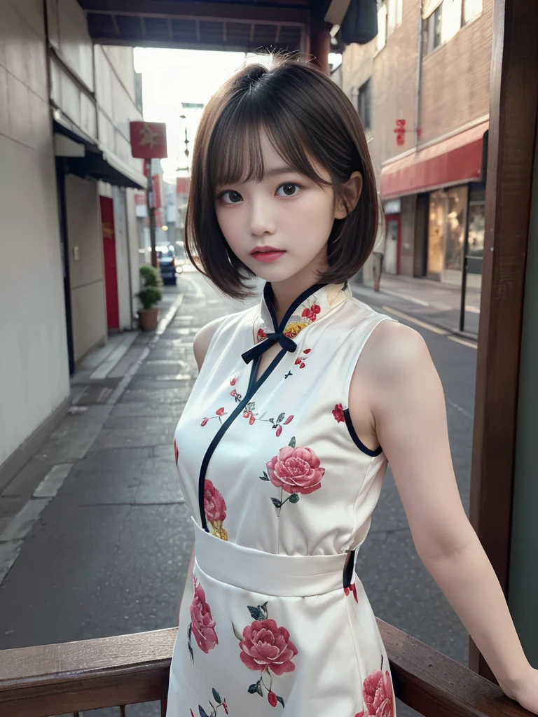 (((Very detailed , 8k wallpaper, masterpiece, High resolution, Highest quality))), ((Beautiful woman, Model-like posture, Acrobatic pose,Grunge Fashion,Wearing a colorful Chinese dress:1.2,)),, ((Very detailed顔, Very detailed black eyes, Very detailedなボディ, Highest qualityのリアルテクスチャスキン)), (Short Bob Cut Hair, White skin,), (Chinese style wall),Background Chinese style, Surreal, Digital Paint,