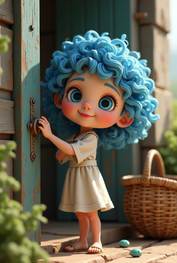 A girl with blue curly hair and blue eyes
 with smiling lips,
Next to an old basket inside
 Bir is beautiful.
Putting up the door post of an old house
style 3D