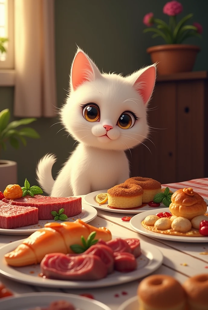 A cute cat character looking at delicious food on the table、It depicts a hesitant but patient person.。Meat and fish dishes on the table、Cakes and other items are lined up
