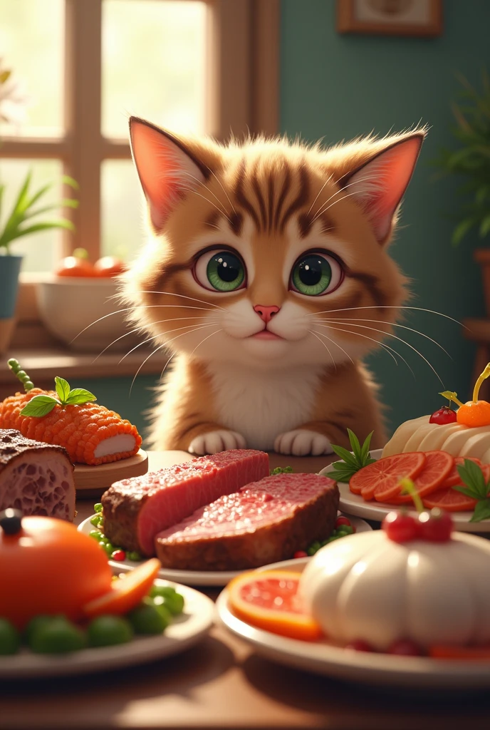 A cute cat character looking at delicious food on the table、It depicts a hesitant but patient person.。Meat and fish dishes on the table、Cakes and other items are lined up