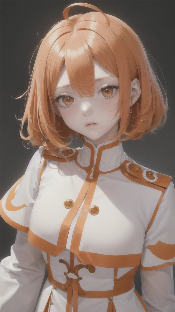 best quality, masterpiece,Orange hair, Orange eyes,white clothes, Sulky face ,Uniform with a big ribbon on the chest , looking up, upper body,hair strand,Fair skin,Three hair clips, Hair cut evenly across the forehead, Shoulder-cut hair