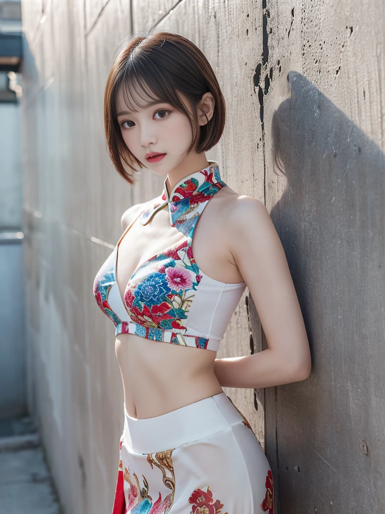 (((Very detailed , 8k wallpaper, masterpiece, High resolution, Highest quality))), ((Beautiful woman, Model-like posture, Acrobatic pose,Grunge Fashion,Wearing a colorful Chinese dress:1.2,)),, ((Very detailed顔, Very detailed black eyes, Very detailedなボディ, Highest qualityのリアルテクスチャスキン)), (Short Bob Cut Hair, White skin, Exposed abdomen), (Chinese style wall),Background Chinese style, Surreal, Digital Paint,