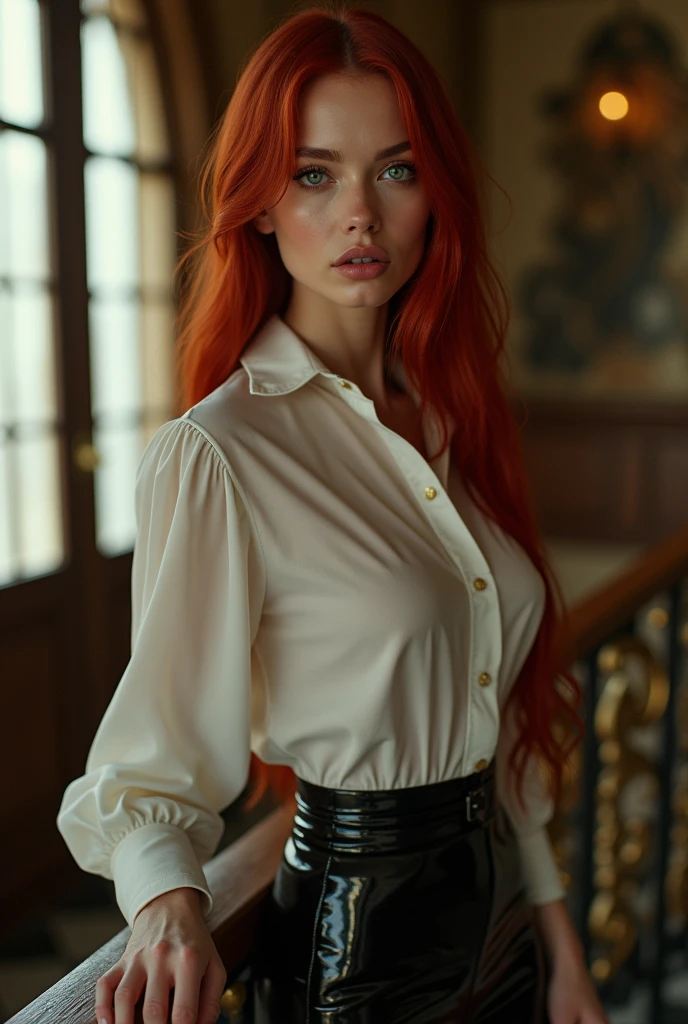 a beautiful woman, long straight red hair, (30 years old, green eyes, hourglass figure, perfect body, natural medium breasts), detailed face, detailed eyes, detailed lips, beautiful long eyelashes, photorealistic, femme fatale, she is a sex icon, she is a sex goddess, long eyelashes, cat-eye make-up, ((Biologically correct number of limbs))、(( whole body including face))、4K、Masterpiece、((Focus on the face))、((Symmetrical, well-proportioned facial features))、Eyes with delicate depictions、Beautiful woman、Outstanding style、Slender Body、((white Latex shirt、black Latex skirt)、High heels with anklets、Shiny Stockings)、((Lower body close-up))、(((Scenery of climbing stairs)))、Droopy eyes、smile、((Buckshot))