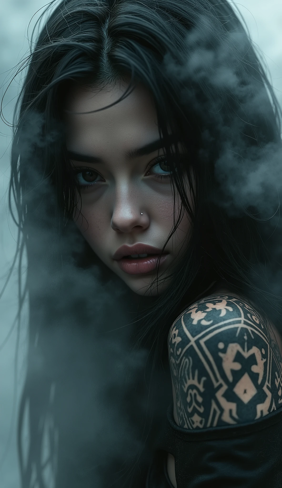 Girl、tattoo、fog、cyberpunk、black fur、monochrome、half black and white、hyperrealistic, neon