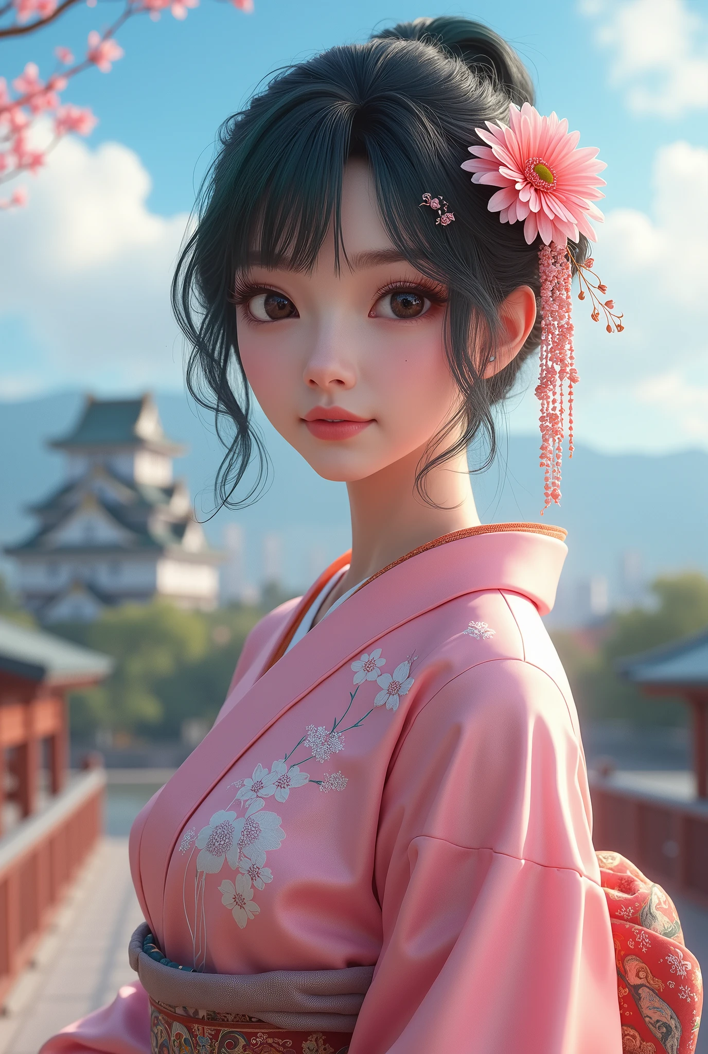 Real Photo KozukiHiyori, ((masterpiece:1.4, best quality)), ((masterpiece, best quality)), (photo realistic:1.4), big breasts, Japanese actress, big black eyes, cute, young, smiling, (aqua color hair ), hair flower, pink kimono, makeup, kimono, lipstick, blue eyes, long hair, hair stick, kanzashi, castle, cityscape, blue sky, professional lighting, physically-based rendering