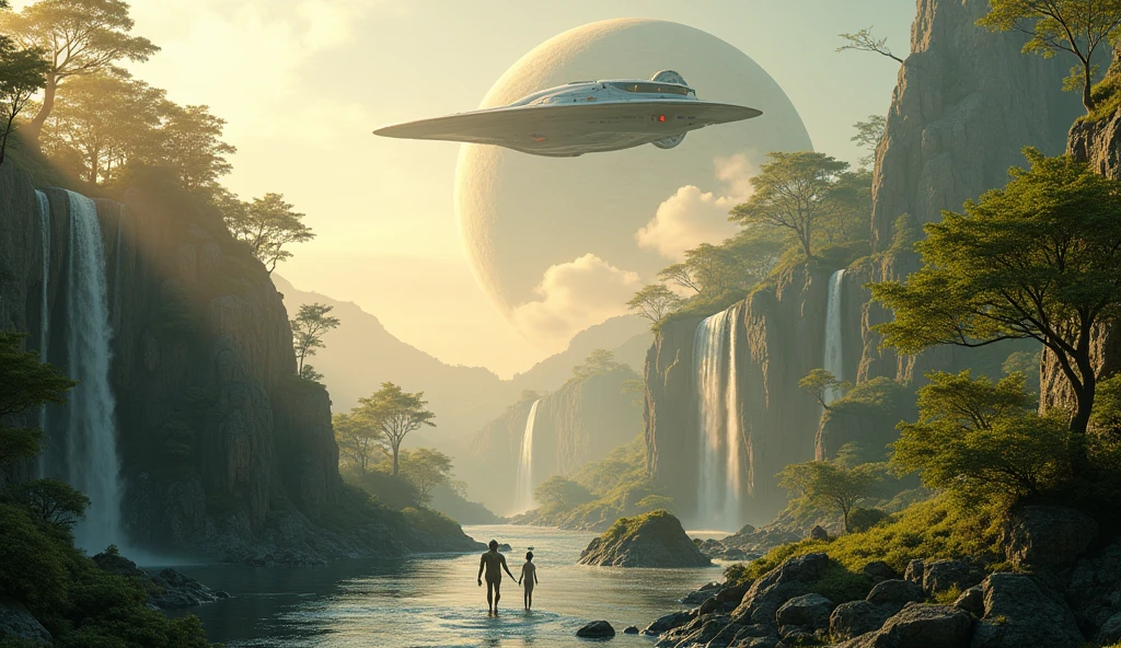 SPACESHIP FLYING LOW Isometric perspective view. Immerse yourself in a paradise world, enlightened and rich, where the purity of the air and the cleanliness of the environment create an atmosphere of unparalleled serenity. A large nearby planet adorns the crystal-clear sky, complementing the natural beauty of the landscape. Majestic waterfalls flow constantly, serving as the heart of this paradise. The inhabitants of this world, beings similar to humans but more beautiful, tall and elegant in their walk, They live in perfect harmony with nature. Their R Style homes. h. Giger, They are mega futuristic, They are perfectly integrated into the natural environment, merging with the flora and fauna that surrounds them. the sun shines brightly, making the waters sparkle with an almost magical glow. The temperature is ideal, further beautifying the air, while the inhabitants of this place enjoy an eternal and happy existence. The film presents an intricate and harmonious landscape, Captured in a hyper-realistic high-resolution image at 8K. every detail, from artifacts to natural elements, It is highly defined and focused, revealing the perfection of this alien paradise. The cinematography uses a superior wide-angle lens with the maximum possible aperture., allowing every aspect of the scene to be captured with stunning clarity and depth. The lighting is carefully designed in a professional film studio, ensuring that every corner of the stage shines with an ethereal light that enhances the beauty and peace of this world.. "Eternal Harmony" It is a visual journey to an alien paradise, a place where the perfection of nature and the harmony of its inhabitants create a world that seems to be out of time. This idyllic setting invites us to reflect on the beauty of a life lived in harmony with the environment., a reminder of what can be achieved when technology and nature