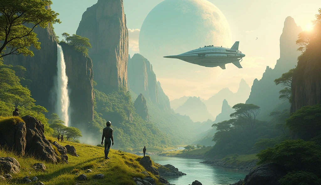 SPACESHIP FLYING LOW Isometric perspective view. Immerse yourself in a paradise world, enlightened and rich, where the purity of the air and the cleanliness of the environment create an atmosphere of unparalleled serenity. A large nearby planet adorns the crystal-clear sky, complementing the natural beauty of the landscape. Majestic waterfalls flow constantly, serving as the heart of this paradise. The inhabitants of this world, beings similar to humans but more beautiful, tall and elegant in their walk, They live in perfect harmony with nature. Their R Style homes. h. Giger, They are mega futuristic, They are perfectly integrated into the natural environment, merging with the flora and fauna that surrounds them. the sun shines brightly, making the waters sparkle with an almost magical glow. The temperature is ideal, further beautifying the air, while the inhabitants of this place enjoy an eternal and happy existence. The film presents an intricate and harmonious landscape, Captured in a hyper-realistic high-resolution image at 8K. every detail, from artifacts to natural elements, It is highly defined and focused, revealing the perfection of this alien paradise. The cinematography uses a superior wide-angle lens with the maximum possible aperture., allowing every aspect of the scene to be captured with stunning clarity and depth. The lighting is carefully designed in a professional film studio, ensuring that every corner of the stage shines with an ethereal light that enhances the beauty and peace of this world.. "Eternal Harmony" It is a visual journey to an alien paradise, a place where the perfection of nature and the harmony of its inhabitants create a world that seems to be out of time. This idyllic setting invites us to reflect on the beauty of a life lived in harmony with the environment., a reminder of what can be achieved when technology and nature