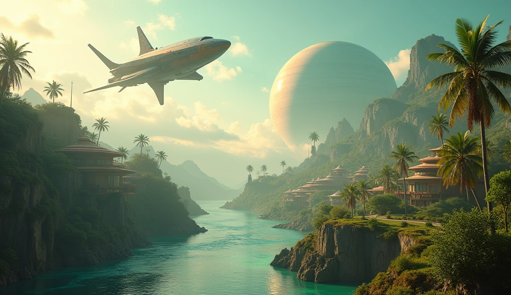 SPACESHIP FLYING LOW Isometric perspective view. Immerse yourself in a paradise world, enlightened and rich, where the purity of the air and the cleanliness of the environment create an atmosphere of unparalleled serenity. A large nearby planet adorns the crystal-clear sky, complementing the natural beauty of the landscape. Majestic waterfalls flow constantly, serving as the heart of this paradise. The inhabitants of this world, beings similar to humans but more beautiful, tall and elegant in their walk, They live in perfect harmony with nature. Their R Style homes. h. Giger, They are mega futuristic, They are perfectly integrated into the natural environment, merging with the flora and fauna that surrounds them. the sun shines brightly, making the waters sparkle with an almost magical glow. The temperature is ideal, further beautifying the air, while the inhabitants of this place enjoy an eternal and happy existence. The film presents an intricate and harmonious landscape, Captured in a hyper-realistic high-resolution image at 8K. every detail, from artifacts to natural elements, It is highly defined and focused, revealing the perfection of this alien paradise. The cinematography uses a superior wide-angle lens with the maximum possible aperture., allowing every aspect of the scene to be captured with stunning clarity and depth. The lighting is carefully designed in a professional film studio, ensuring that every corner of the stage shines with an ethereal light that enhances the beauty and peace of this world.. "Eternal Harmony" It is a visual journey to an alien paradise, a place where the perfection of nature and the harmony of its inhabitants create a world that seems to be out of time. This idyllic setting invites us to reflect on the beauty of a life lived in harmony with the environment., a reminder of what can be achieved when technology and nature
