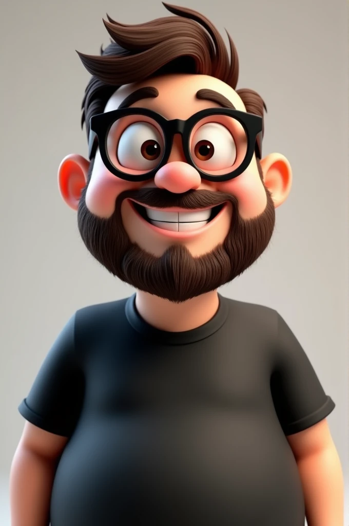 Cartoon character of a man wearing black glasses, camiseta preta, barba e bigode, gordinho, sorrindo, um personagem animado, Caractere estilizado, animation style rendering, 3D estilizado, Arnold Maya render, 3 d render stylized, T Rendering Keyshot