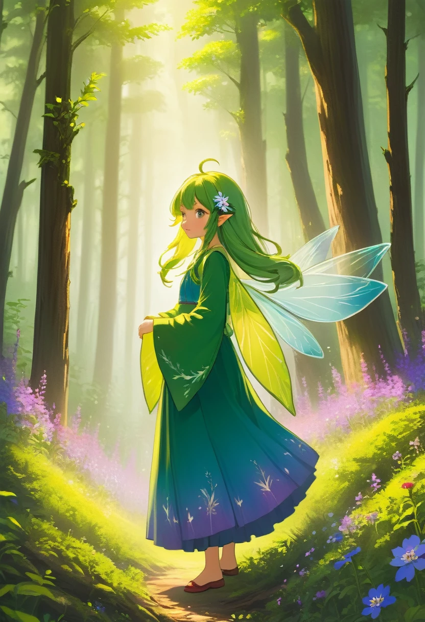 Forest Fairy,Mysterious girl,wood々In the thick forest,光に包まれた幾人もの妖精がwoodの枝に座っている,Mysterious Mysterious,Vibrant wildflowers blooming in the forest,Fantasy,Exquisite atmosphere,Masterpiece,Highest quality,Detailed anime art,Digital Art,
