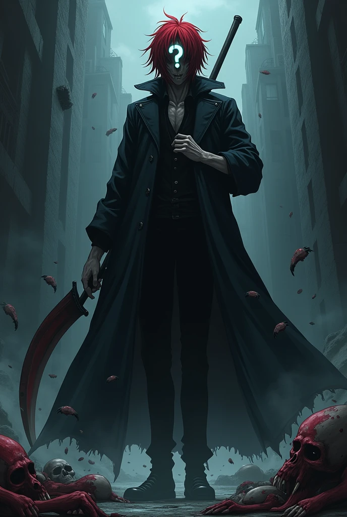 anime character with dark red hair and investigator clothes and a mask with a question mark with glowing eyes and terror with a scythe and helplessness that is an adult and has destroyed bodies inside and that has the hair of a Japanese and that is 100%100 man