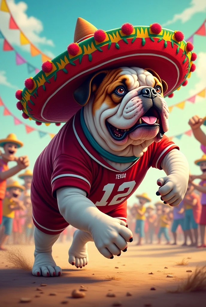 Bulldog playing football dressed for fiesta with sombrero with a maroon and white jersey
