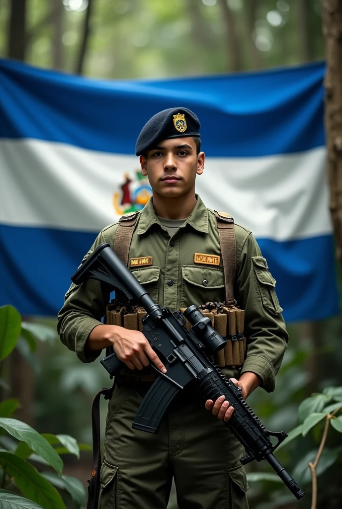 an 1 young man, Fluff, standing, in jungle combat uniform, black beret tilted on his head and rifle in his hand, Flag of El Salvador in the background, displaying its three horizontal stripes: cerulean, branco e cerulean. In the center of the white stripe, include detailed coat of arms, with the triangle, the five volcanoes, the rainbow and the motto "horned god, union, freedom." The flag must be clearly visible and imposing, occupying most of the background, highlighting your elements