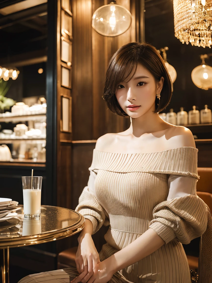 (Ultra-high resolution:1.5)(Very detailed:1.3) (super high quality) (super high quality:1.5) (Realistic photos:1.3) Japanese women 1 ((Fine and beautiful features:1.3)) ((Realistic skin texture:1.To say exactly, high quality eye:1.3)) ((High-quality ear beauty with meticulous attention to detail:1.3)) ((Very white and translucent beautiful skin:1.3)) ((Beautifully styled straight bob hairstyle:1.3))Perfect body Beautiful proportions (Trending Fashion) (Navy blue off-shoulder knitted with rough rope) The background is the interior of a cafe at dusk.. Beautiful depiction, Luxurious and stylish interior ((Happy viewers'eye)) Wet, slightly parted lips feminine, Soft and gentle shoulders Big Breasts I don't know ((cute)) (Amazing high resolution images) Girls are very interested in guys'Body'Body of