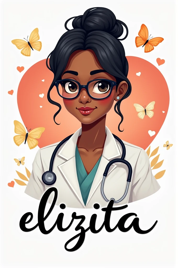 Create a logo with a dark-skinned nurse with dark hair, the nurse wears glasses and has a hairstyle, with the name: "Elizita" in cursive font, in the background a heart and flying butterflies