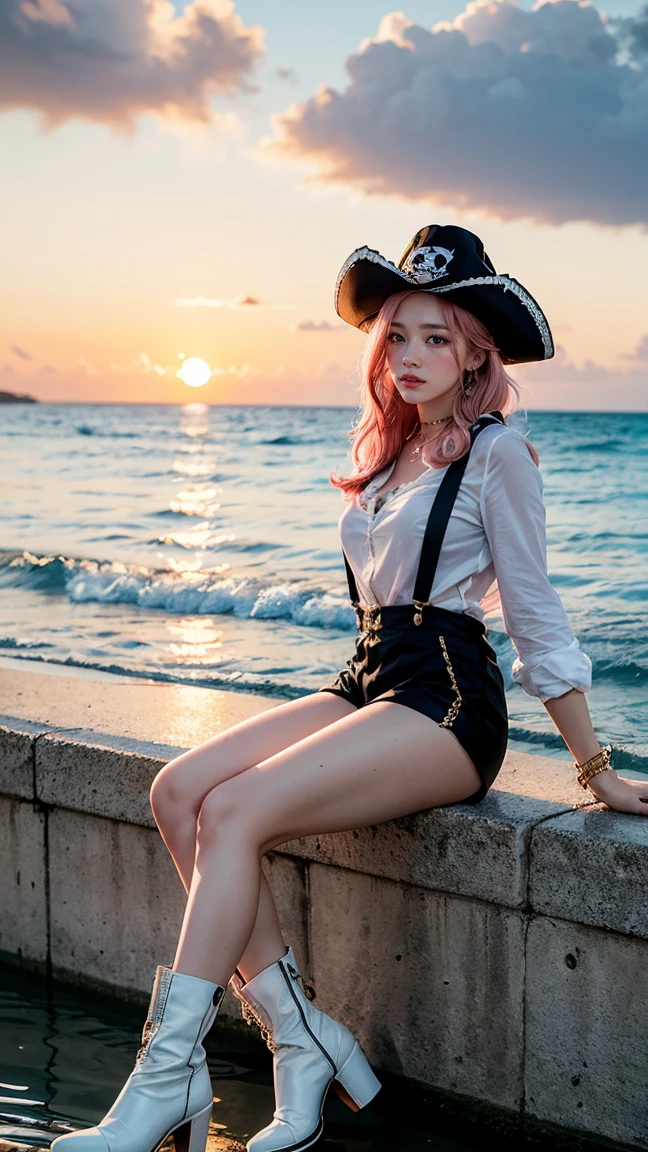 Create an image of Jewelry Bonney from One Piece with her iconic pink hair and pirate hat, sitting by the water's edge. She wears a short white blouse with suspenders, fitted shorts, and high boots. The scene is set at sunset, with the ocean reflecting warm golden tones.