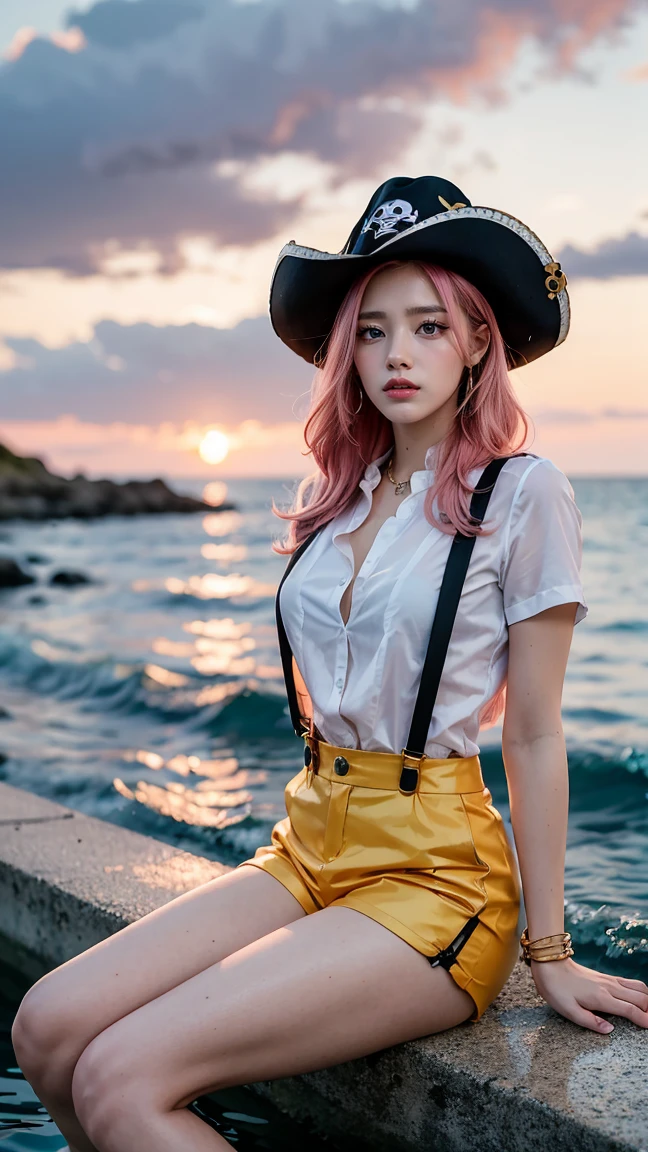 Create an image of Jewelry Bonney from One Piece with her iconic pink hair and pirate hat, sitting by the water's edge. She wears a short white blouse with suspenders, fitted shorts, and high boots. The scene is set at sunset, with the ocean reflecting warm golden tones.