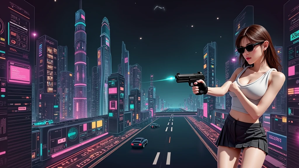 Futuristic cityscapes with colorful all-glass outlined towering skyscrapers with lightning, flying vehicle. High-resolution OLED GUI interfaces in the building, The windows are filled with transparent data visualization infographics that show it all, from weather patterns to traffic flow. Colors are saturated and vibrant. At night, (1girl, solo, alone), photorealistic, large-breast slim:0.6 body, oval:0.5 face, cleavage:1.1, very low angle view of pleated miniskirt, deep-v, (???????), glove, (Matrix style black micro sunglasses), (aiming viewer with a short gun), dynamic running pose, (half-body thigh level close-up shot), cinematic lighting, ray tracing, motion blur background.
