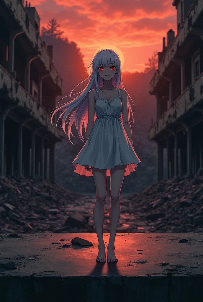 The image is anime style cowboy bebop and Darker than black with shadows and dim lights, anime style although somewhat adult and dark, It shows a single adult albino woman aged 28., with long white hair and red eyes, She is wearing a short white dress with blood stains on the dress that have shapes of hands, that reaches up to the knees, She is barefoot, She is standing in front of a destroyed theatre, right on stage, sin techar, as the orange light of dusk filters through.