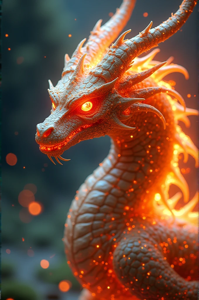 (focus on a hauntingly beautiful bioengineered creature:1.2),Human-like dragon landscape,horn fire, fire skin,colorful dark unfocused background, (ultra resolution:2), detailed masterpiece.