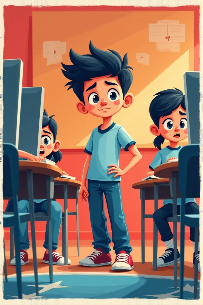 Create a poster about a kid who is telling his classmates not to look into other people&#39;s files.. in Spanish 