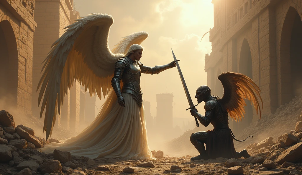 archangel in armor pointing sword and defeating a demon kneeling before the Archangel they are in a destroyed city