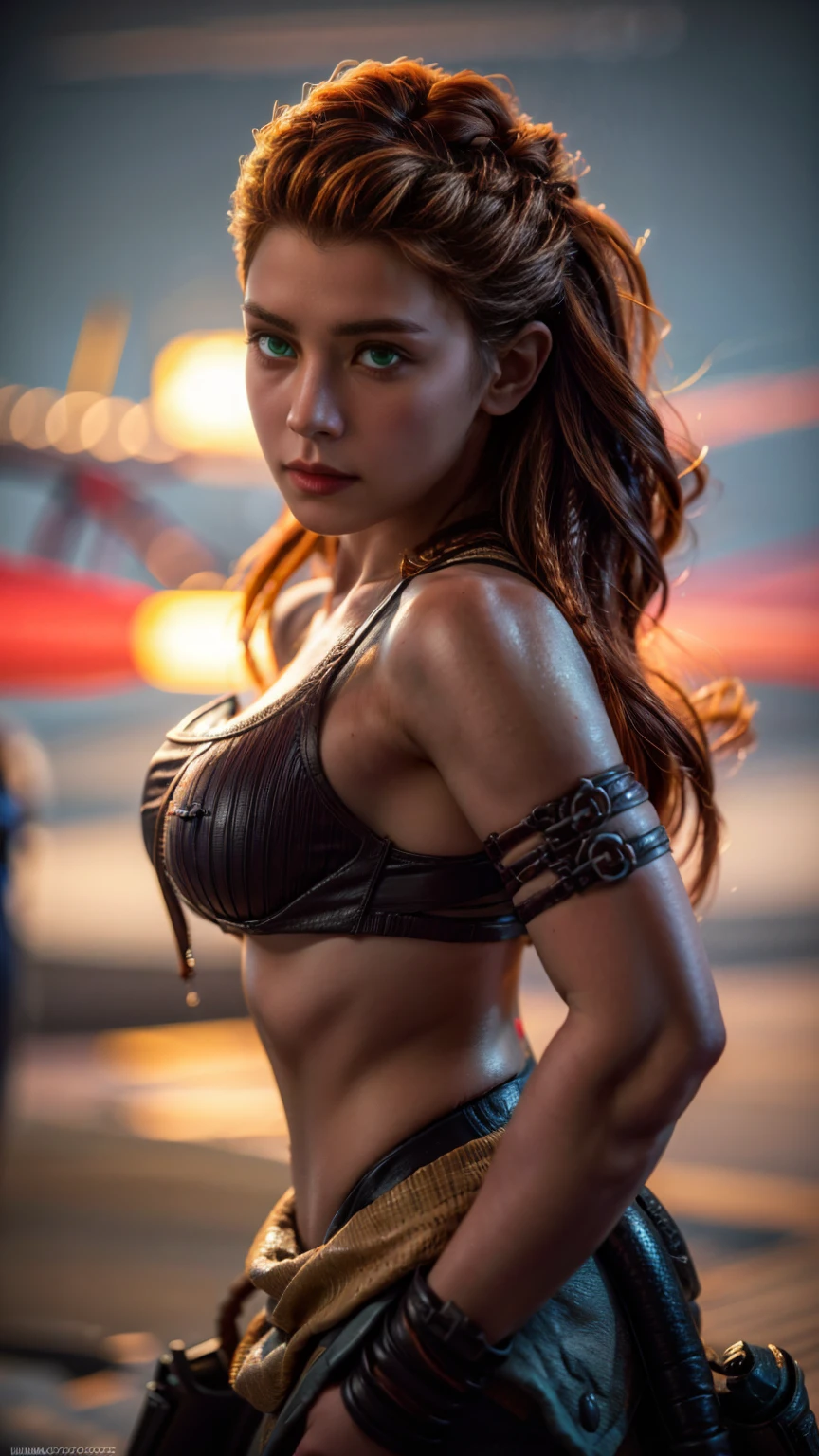 beautiful detailed eyes, beautiful detailed lips, extremely detailed eyes and face, long eyelashes, 1girl, cosplay, Kim Possible cosplays as Aloy from Horizon games, intricate detailed costume, high quality 3D render, cinematic lighting, photorealistic, hyper detailed, vibrant colors, warm lighting, dramatic pose, dynamic action, epic fantasy, human anatomy, no bra