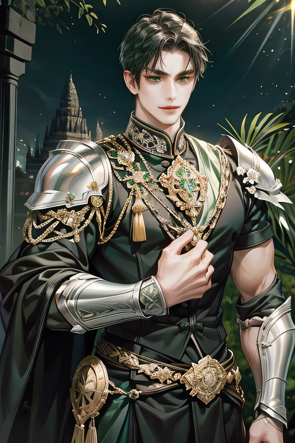 Best Quality, just 1Male, dark black wavy short hair, light green eyes, sixpack body, masculine face, stern look, smile, black armor suit, javanese warrior knight, arhery, prambanan temple background, Masterpiece Body, Accurate, High definition