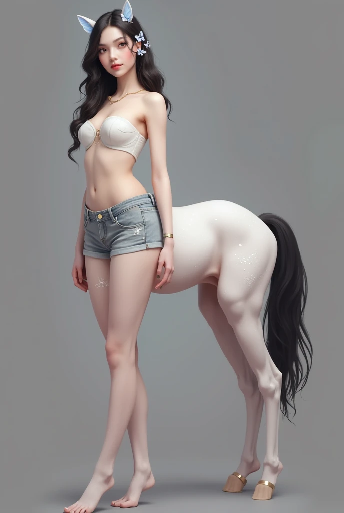 1Centaur Girl，Four legs，jeans，Denim half jacket，Western style crystal high heels，The whole body is dazzling and starry，（(穿着jeans: 1.6)）（Flesh-colored skin (Cynthia Sheppard), Fair and shiny skin, Full body CGsociety, Beautiful full body concept art, horse, smooth Fair and translucent skin, Pretty blue butterfly hair accessories and pale porcelain skin, Gu Weiss, Fair and translucent skin, Pale skin,,Ivory white skin, Light milky white porcelain skin，（