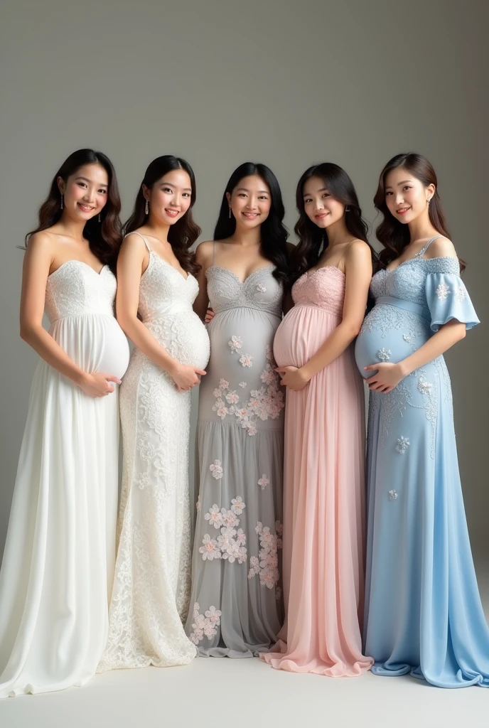 Five beautiful brides. The first bride wears a white Thai wedding dress. The second bride wears a white Laotian lace wedding dress. The third bride wears a gray Japanese cloud-patterned wedding dress. The fourth bride wears a pink South Korean swan-patterned wedding dress. The fifth bride wears a blue Taiwanese sea-patterned wedding dress. All of the brides are pregnant, standing and posing for photos, smiling beautifully.