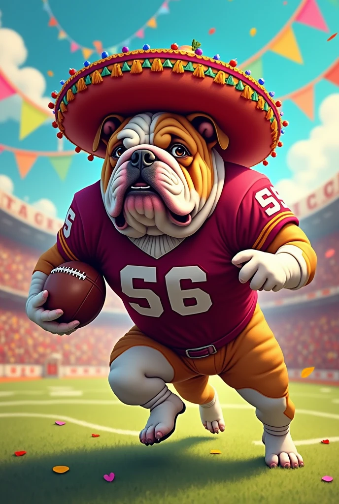 Bulldog playing football dressed for fiesta with sombrero with a maroon and white jersey