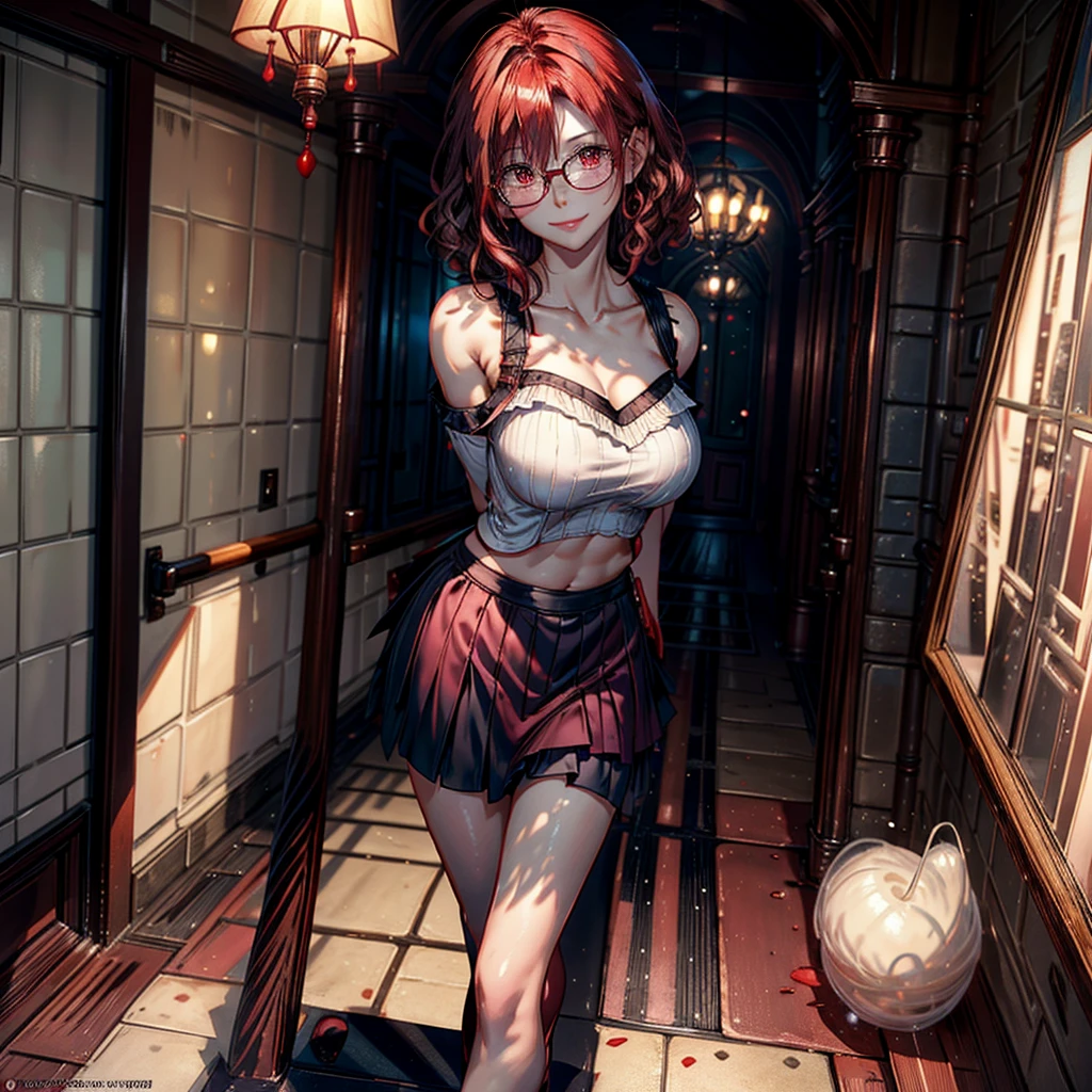 .1 woman,Alone, breasts a little big,short hair, Red eyes, curly hair, natural redhead,Red eyes, round glasses, from above, smile, Blush all over the face, coquette, throw, smile radiante, short black skirt, Light pink off shoulder blouse, standing, Entrance of a house, tilted head.