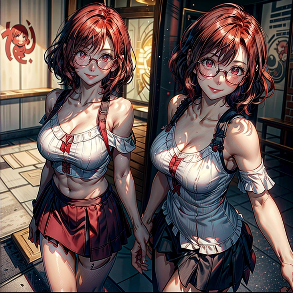 .1 woman,Alone, breasts a little big,short hair, Red eyes, curly hair, natural redhead,Red eyes, round glasses, from above, smile, Blush all over the face, coquette, throw, smile radiante, short black skirt, Light pink off shoulder blouse, standing, Entrance of a house, tilted head.