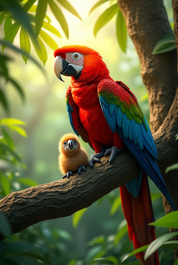 A colourful macaw sitting in a brach of a tree where it feeds its