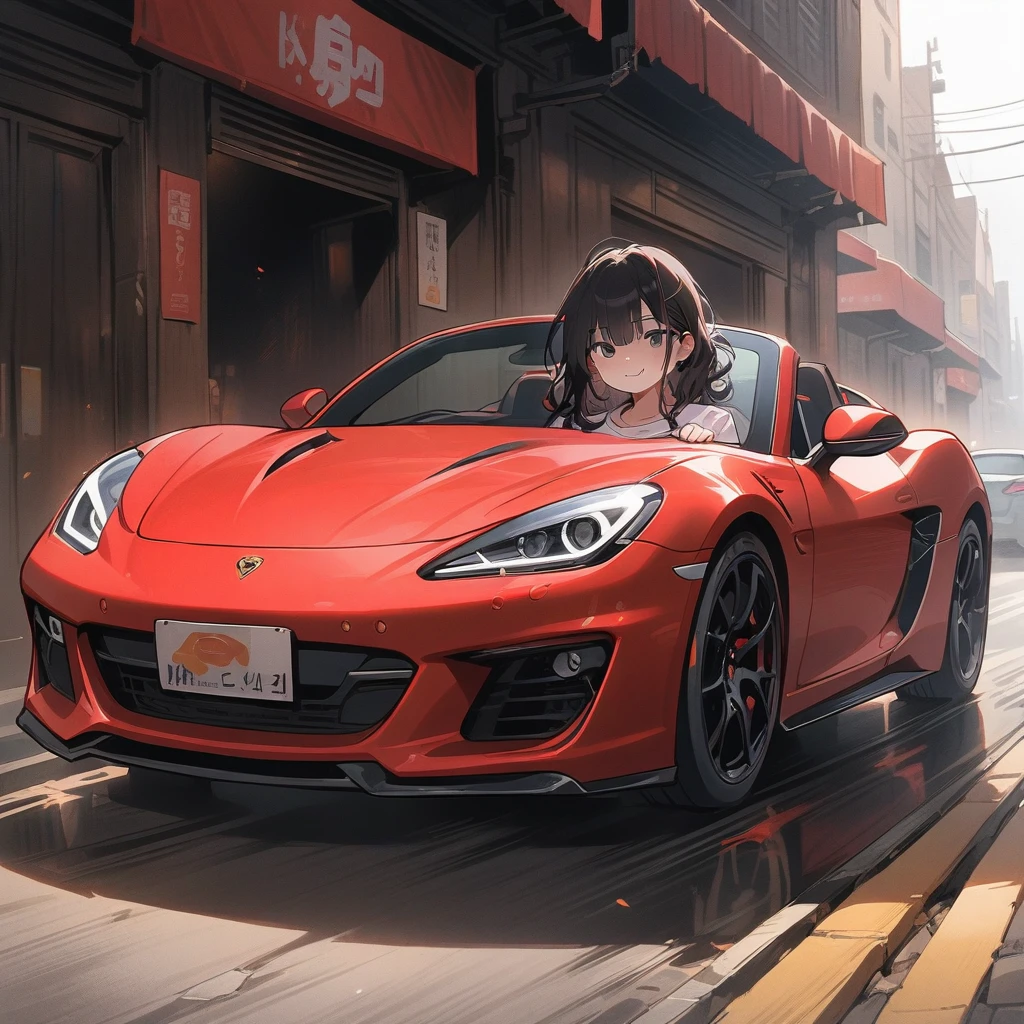 (masterpiece, best quality:1.2), (Q version comics,cute cartoon:1.2)in dark alley,Mother Hao(Black hair and black eyes,Masked,Handsome black wavy hairstyle:1.2),(Delicate face,Wearing all black trench coat,Wearing high heels:1.2),(3,Sexual Gray is prevalent:1)Driving a red convertible sports car(The front of the sports car made a smug expression:1.2),Front view,Clear and complete picture,Smooth lines