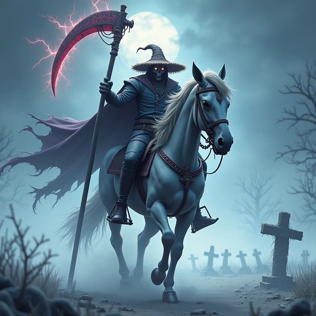 (Best quality,4k,8k,high resolution,masterpiece:1.2),ultra-detailed,Realistic:1.37,dark soul boss style,background haunted,scythe weapon,fantastic corrupted farmer outfit with straw hat, riding an evil horse, energy flows around the body,electric battle aura,Dynamic lighting,ominous atmosphere,lightning,Sinister and desolate,twisted trees,scary fog, Disturbing shadows, weathered scarecrows, distorted landscapes, haunting whispers, threatening skies, crumbling ruins, a threatening storm brewing, lingering sense of darkness, ominous runes, broken tombstones, mystery and suspense, brutal and intense, #39;dread and fear, gothic elements, oppressive silence, threatening presence, atmosphere full of horror, dark and tormented souls, sinister energy, evoking a feeling of doom, a reality steeped in nightmares, writes "FarmMasteR" an background