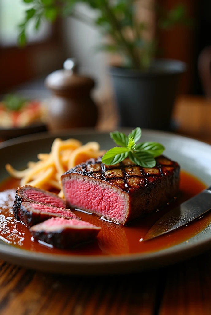 Steak midium rare Thai style slide look delicious in dish with fork and knife, background on table in cafe room