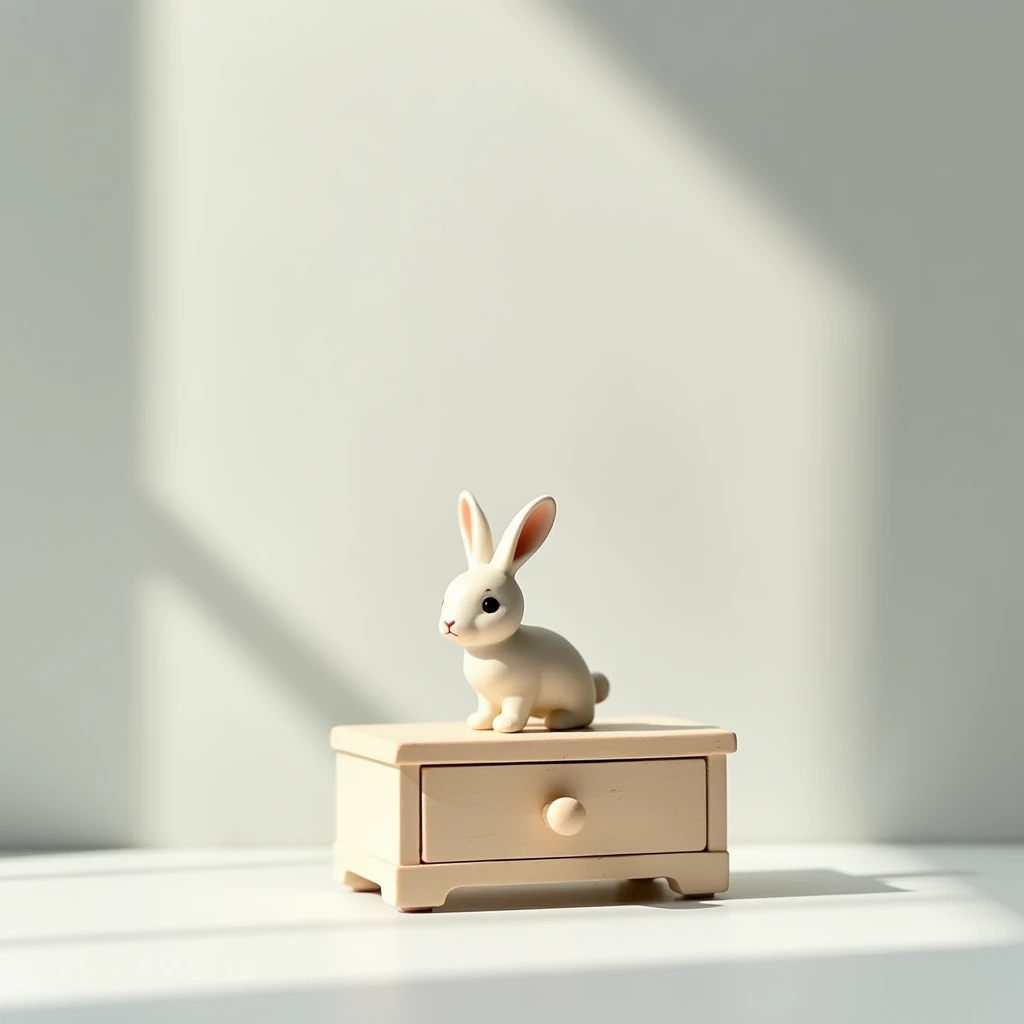 "A photograph with a light gray background, illuminated by soft sunlight. On the floor is a small mini drawer, and sitting atop it is a small rabbit figurine, creating a charming and serene atmosphere."