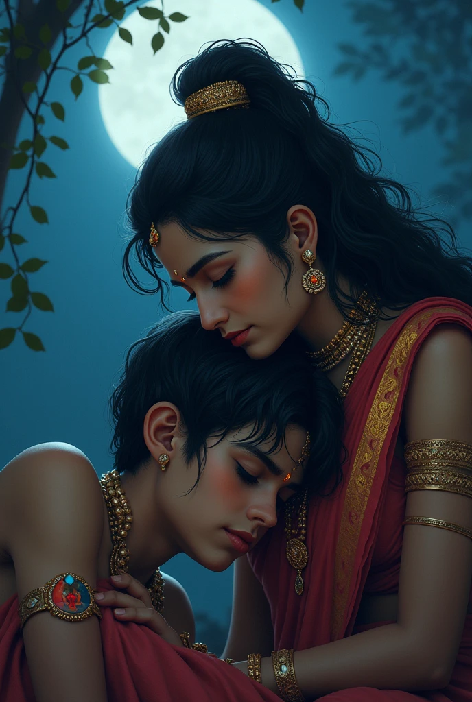 a ager boy is sleeping by putting his head in goddess kali lap. night scene . she is looking Georgios she is in saree she is looking at boy