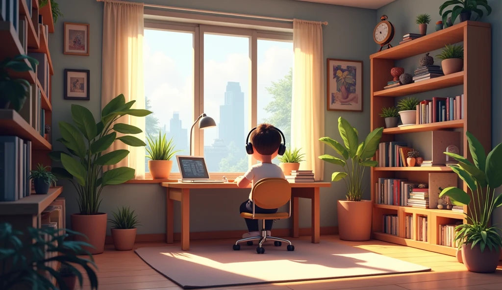 Create an image featuring a
character sitting at a desk with
headphones on, in a cozy room with warm lighting. The room should have elements such as books, decorations, and a window showing either a cityscape or nature. The atmosphere should be calm and inviting, suitable for studying or relaxing. Include soft shadows to enhance the warmth of the scene.