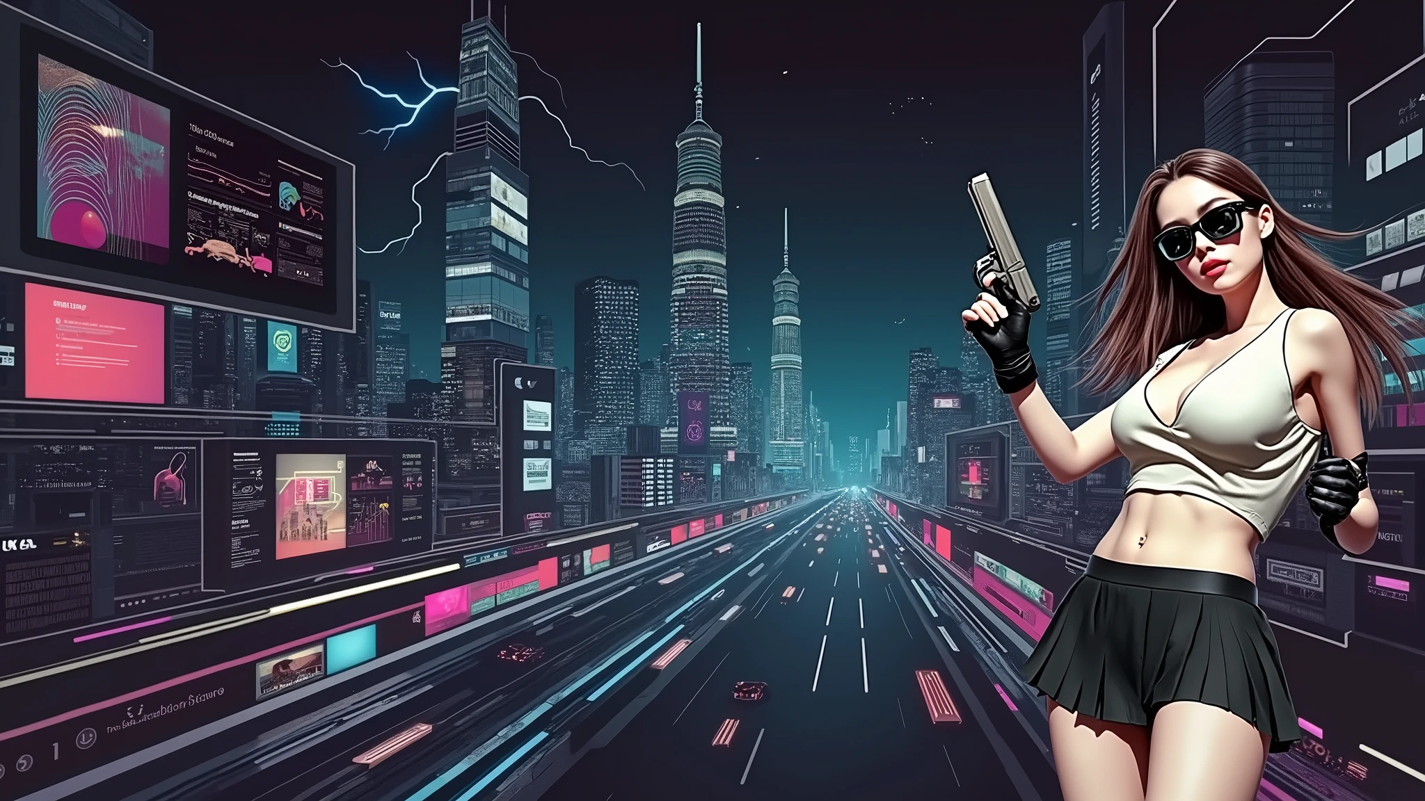 Futuristic cityscapes with colorful all-glass outlined towering skyscrapers with lightning, flying vehicle. High-resolution OLED GUI interfaces in the building, The windows are filled with transparent data visualization infographics that show it all, from weather patterns to traffic flow. Colors are saturated and vibrant. At night, (1girl, solo, alone), photorealistic, large-breast slim:0.6 body, oval:0.5 face, cleavage:1.1, very low angle view of pleated miniskirt, deep-v, (upskirt), glove, (Matrix style black micro sunglasses), (aiming viewer with a short gun), dynamic running pose, (half-body thigh level close-up shot), cinematic lighting, ray tracing, motion blur background.