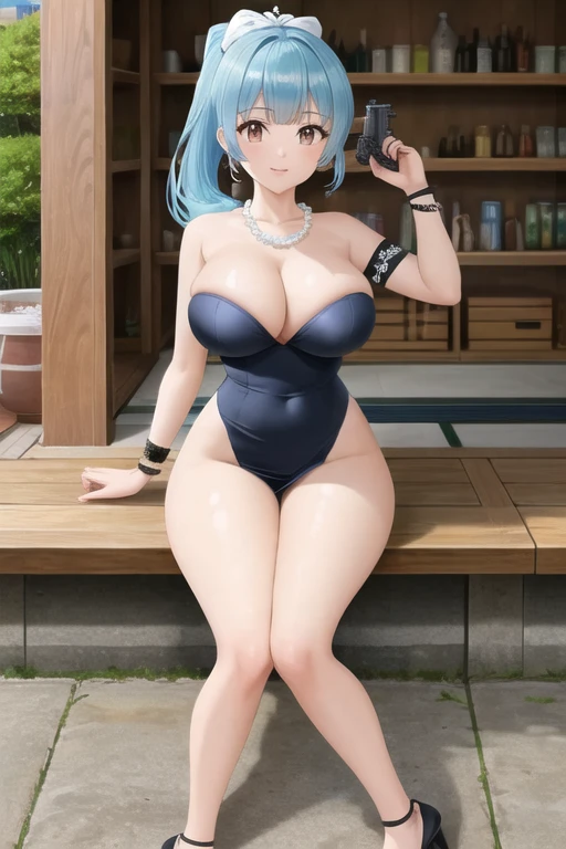 Highest quality、Ultra HD、One Woman、(Blue hair ponytail 1.3)、(Black Dress 1.3)、(Black Heels 1.1)、(Thigh 1.2)、((Shoot a gun 1.2))、(White ribbon 1.2)、(Beautiful face like a Japanese actress 1.2)、(Pearl Necklace)、tall、(Black wristband on right wrist)、Adult women、Slender body、((Large Breasts))、(Sunset city background 1.2)、((Clear and beautiful touch))