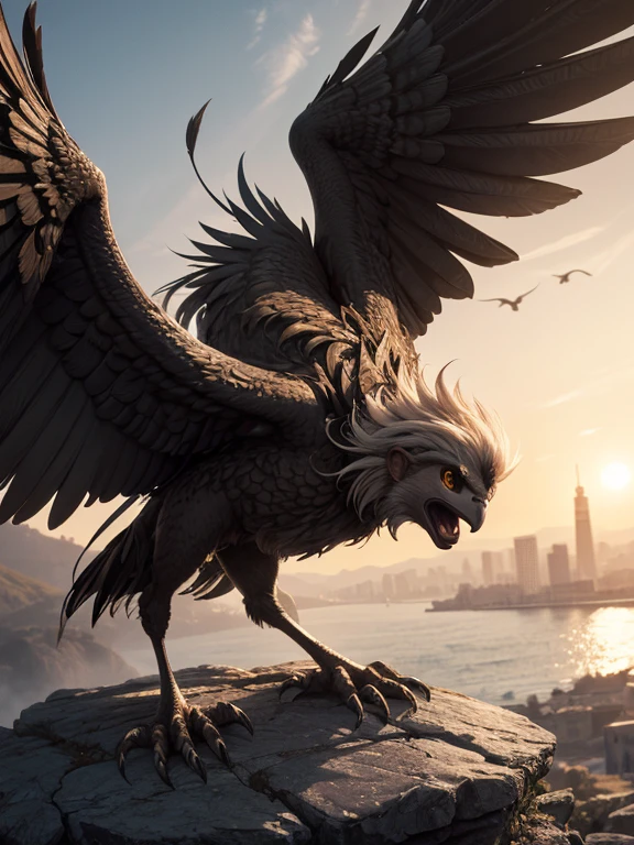 (((Griffon))) Highest quality, Very high resolution, Detailed 4K CG, masterpiece,, Pause, Black and White feathers,, Sun、sf correct griphon