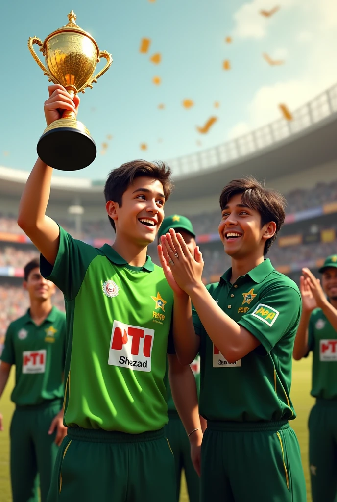 A 20 years old young Boy in cricket stadium, Boy Wearing PTI Colour T-shirt With Name Shehzad is written, And the boy has the World Cup in his hands, standing with PTI Chairman imran, Imran is clapping,PTI chairman Imran wearing
Pakistani cricket jersey with name Imran kit
number 804, Pakistani cricket players Back of them And they are clapping,3D art painting Realistic photo
