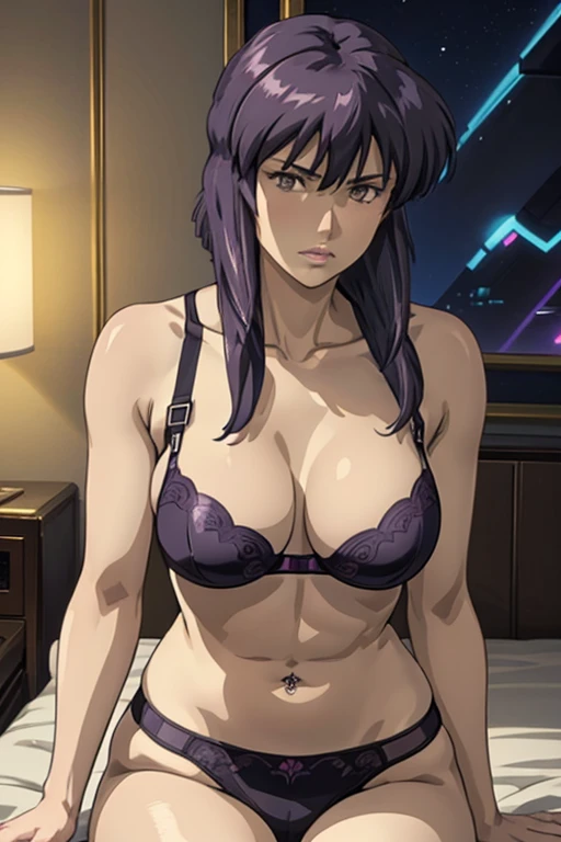 Masterpiece, Top Quality, Kusanagi Motoko, Anime, 8K, "She has shoulder-length dark purple hair with straight bangs and piercing, confident reddish-brown eyes." "(Her face is somewhat rounded: 1.3)" She wears a sleek, form-fitting "(Grey underwear: 1.3)" outfit. (She is facing forward precisely, looking straight at me.) Her posture is strong and assertive, exuding confidence and dignity. In the background is a "bed in a (neon) lit room." The illustration should have a high-contrast, focused aesthetic.