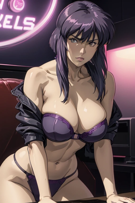 Masterpiece, Top Quality, Kusanagi Motoko, Anime, 8K, "She has shoulder-length dark purple hair with straight bangs and piercing, confident reddish-brown eyes." "(Her face is somewhat rounded: 1.3)" She wears a sleek, form-fitting "(Grey underwear: 1.3)" outfit. (She is facing forward precisely, looking straight at me.) Her posture is strong and assertive, exuding confidence and dignity. In the background is a "bed in a (neon) lit room." The illustration should have a high-contrast, focused aesthetic.